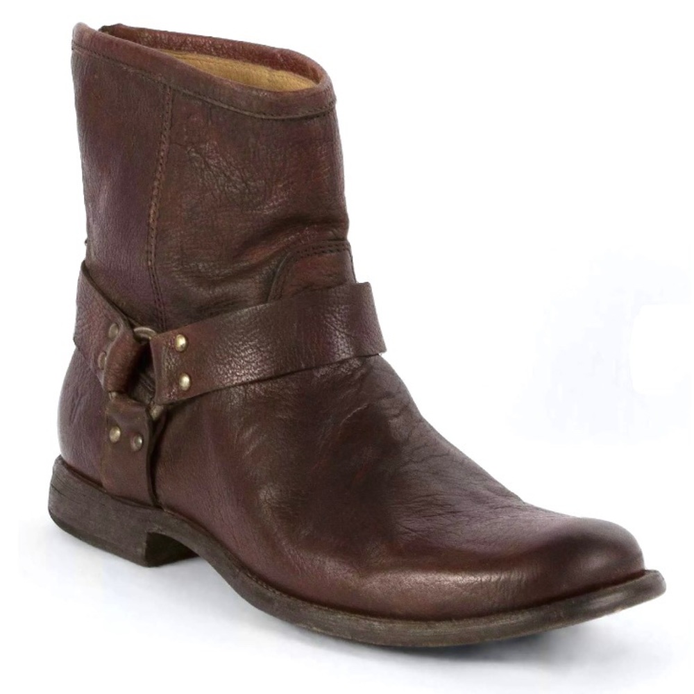 Frye Men’s Phillip Harness Brown Leather Boots Ankle Zipper Moto EUC size 9.5 D